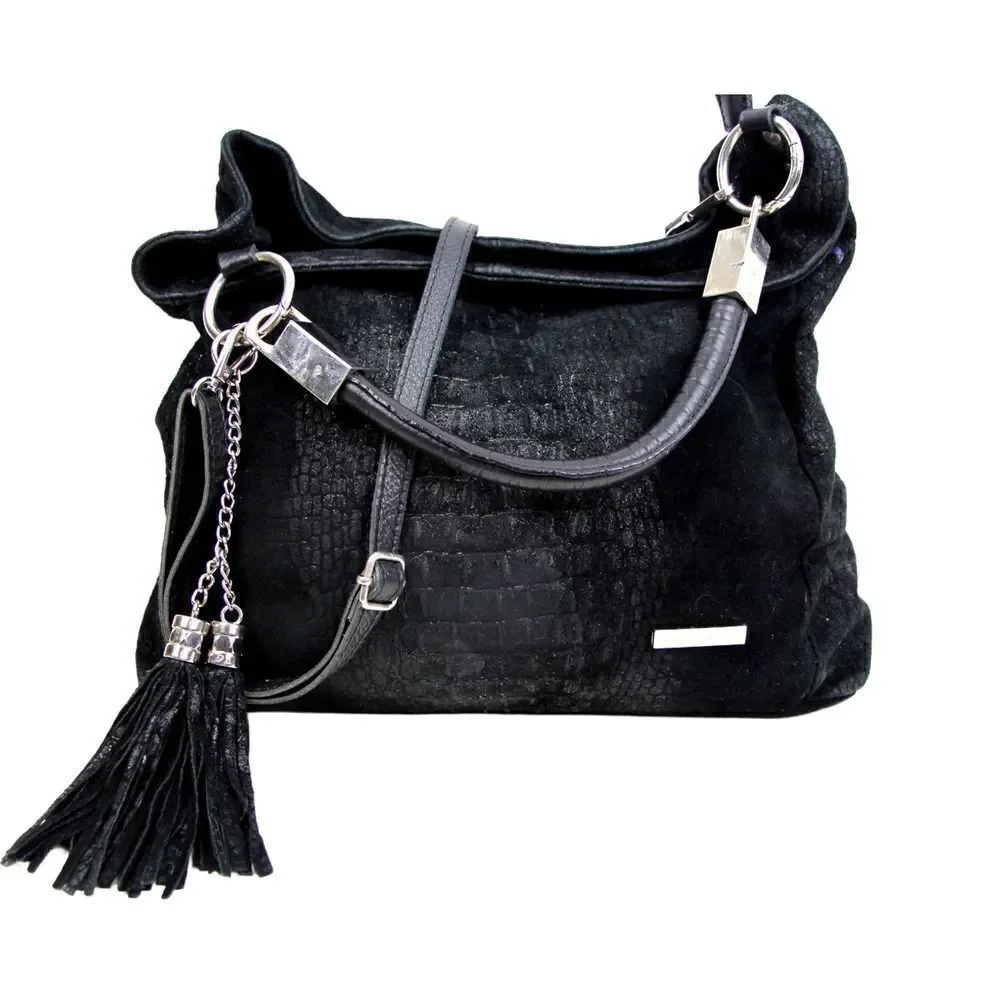 SOFIA CARDONI MADE IN ITALY BLACK SUEDE CROCO PRINT SHOULDER BAG HANDBAG HOBO